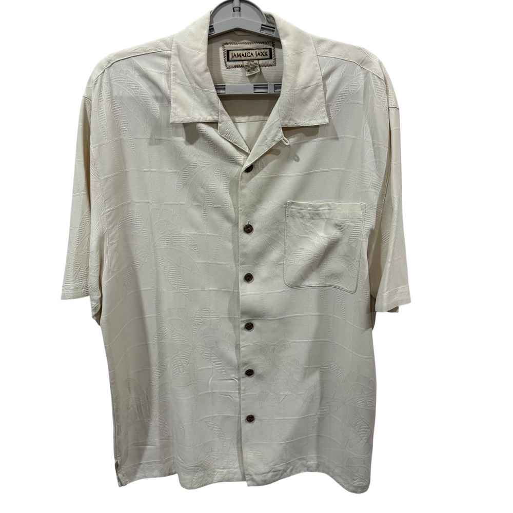 Jamaica Jaxx Mens Medium Silk Jacquard Palm Tree Camp Shirt Cream Short Sleeve